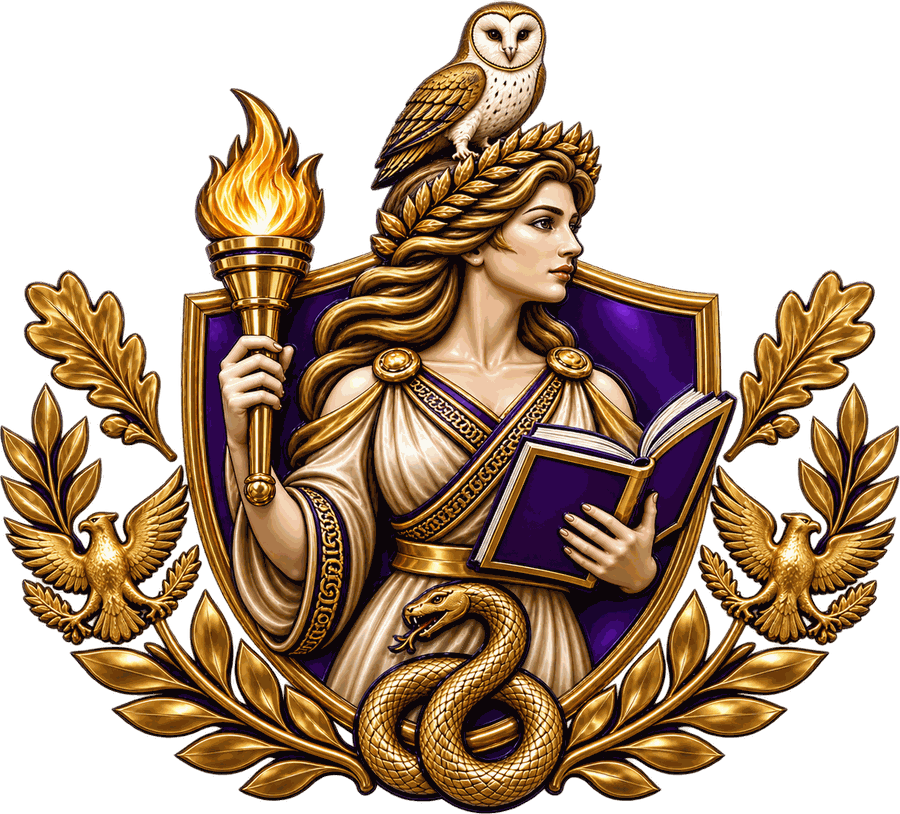 The MilSpouseU™ crest: Metis holding a torch and an open book, an owl above her, framed by laurel.