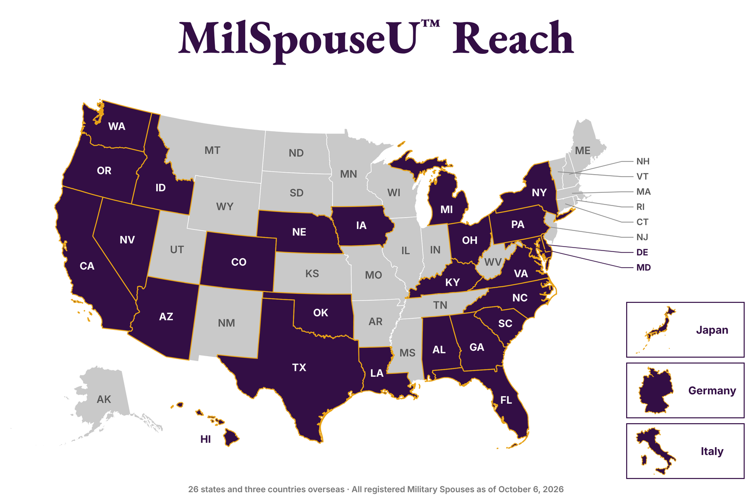 Map of MilSpouseU reach: 26 U.S. states plus Japan, Germany, and Italy.